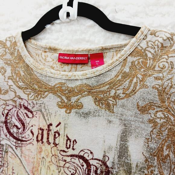 T-Shirt Women Café de Paris Graphic Metallic Romantic Vintage European Chic Sz L - Picture 5 of 8